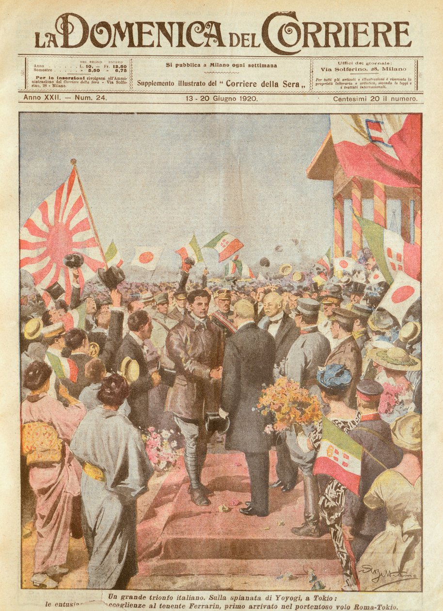 Arturo Ferrarin, lotnik długodystansowy witany w Tokio jako pierwszy na trasie Rzym-Tokio, przez Achille Beltrame, ilustracja, ilustrator Achille Beltrame (1871-1945), z La Domenica del Corriere autorstwa Achille Beltrame