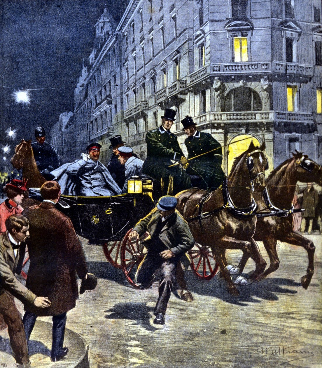 Atak na cesarza niemieckiego Wilhelma II (1859 - 1941) podczas podróży autokarem na dworzec w Bremie wieczorem 6.03.1901. Ilustracja Beltrame. La Domenica del Corriere. 17.06.2019. autorstwa Achille Beltrame
