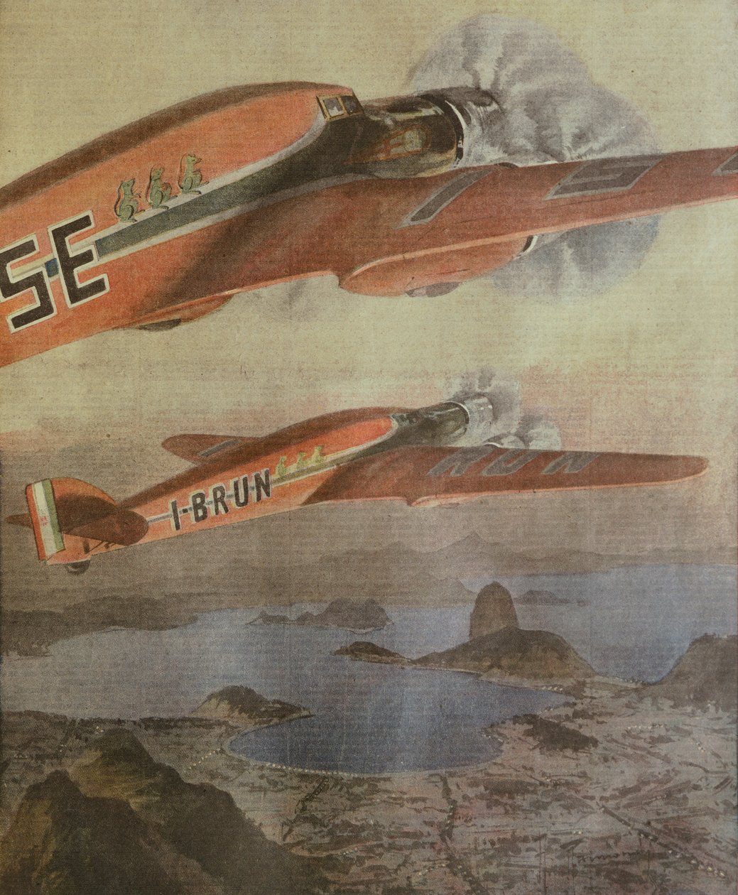 Attilio Biseo i Bruno Mussoliniego lot transatlantycki Włochy-Brazylia, Achille Beltrame, ilustracja, Ilustrator Achille Beltrame (1871-1945), z La Domenica del Corriere, 6 lutego 1938 autorstwa Achille Beltrame