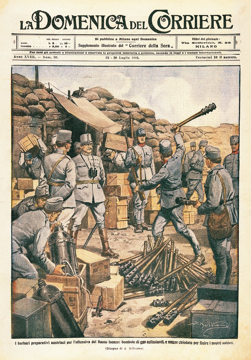 Barbarzyńcy austriaccy przygotowujący się do ofensywy na dolnym Isonzo, ilustracja z La Domenica del Corriere, 23 lipca autorstwa Achille Beltrame