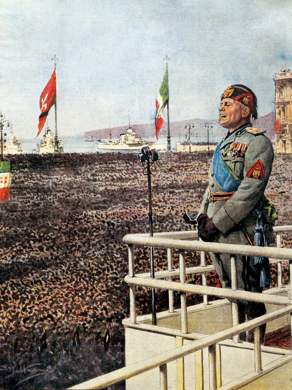 BELTRAME, Achilles (1871-1945). MUSSOLINI, Benito (1883-1945). Włoski faszystowski polityk, duce (przywódca) Włoch (1925-1943). Duce przemawia do mieszkańców Triestu i świata (wrzesień 1938). Ilustracja przedstawiająca Achille Beltrame dla „”Domeny del Cor autorstwa Achille Beltrame