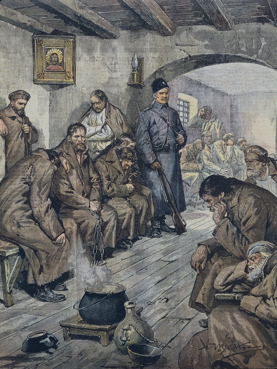 BELTRAME, Achilles (1871-1945). Rosyjscy więźniowie na strajku głodowym o wolność ich kolegów gruźlicy. Ilustracja A. Beltrame, La Domenica of Corriere, 19 czerwca autorstwa Achille Beltrame