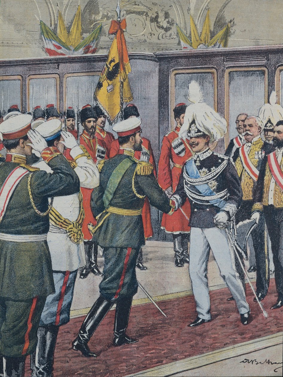 BELTRAME, Achilles (1871-1945). Wiktor Emanuel III (1869-1947). Król Włoch (1900-1946).; Mikołaja II. Car Rosji (1894-1917). ROSJA. Car przyjmuje w Peterhofie króla Włoch Wiktorię Emanuela III. A. Ilustracja Beltrame. Domenika C autorstwa Achille Beltrame