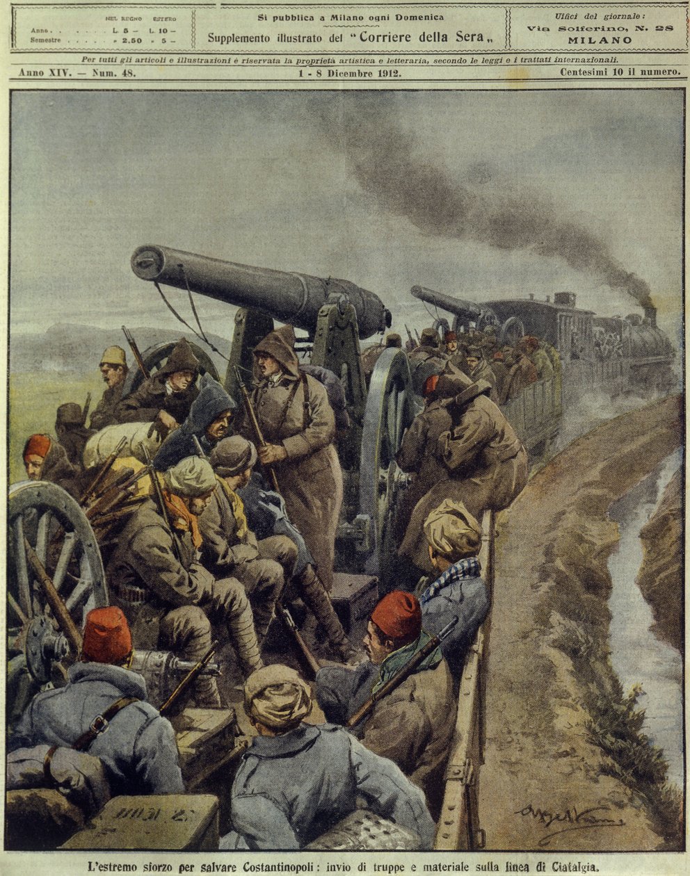 Wojny bałkańskie (1912-1913), Ostatnia próba ratowania Konstantynopola, wysłanie wojsk i towarów na linię Ciafalda, 1 grudnia autorstwa Achille Beltrame
