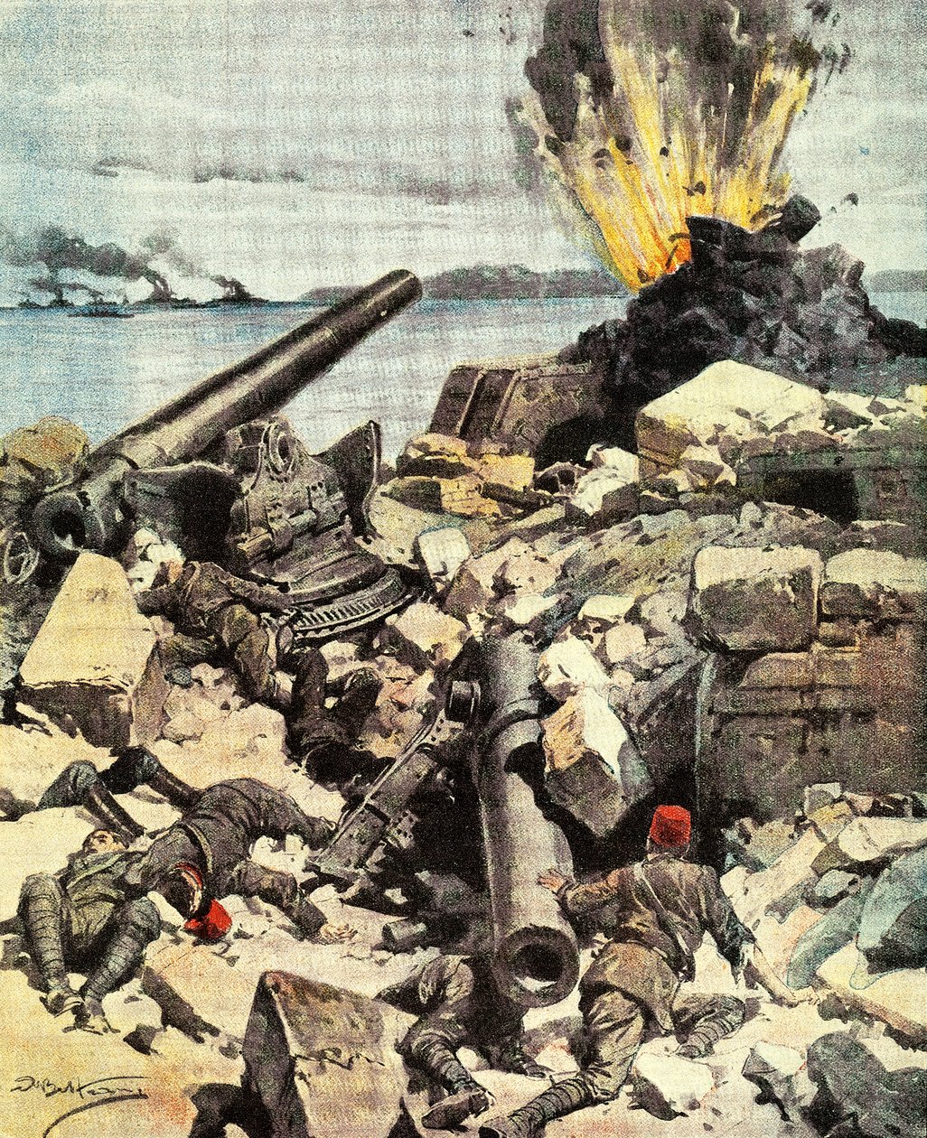 Bitwa pod Dardanelami, flota angielsko-francuska niszczy forty Dardanele, aby przebić się przez Cieśninę i dotrzeć do Konstantynopola, Achille Beltrame (1871-1945), ilustracja z La Domenica del Corriere, 14-21 marca autorstwa Achille Beltrame