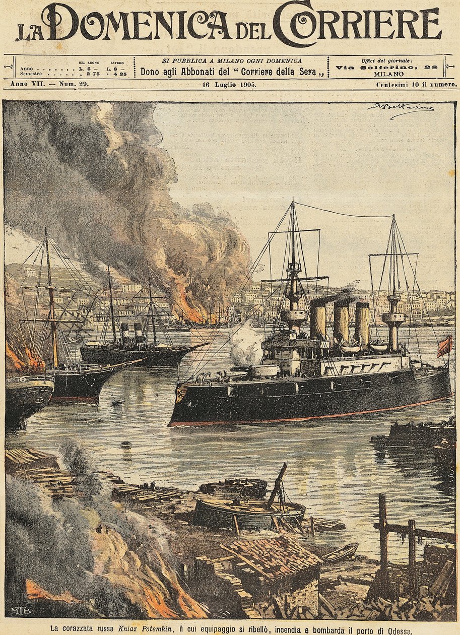 Pancernik Potiomkin bombardujący Odessę, Achille Beltrame, ilustracja, Ilustrator Achille Beltrame (1871-1945), z La Domenica del Corriere autorstwa Achille Beltrame