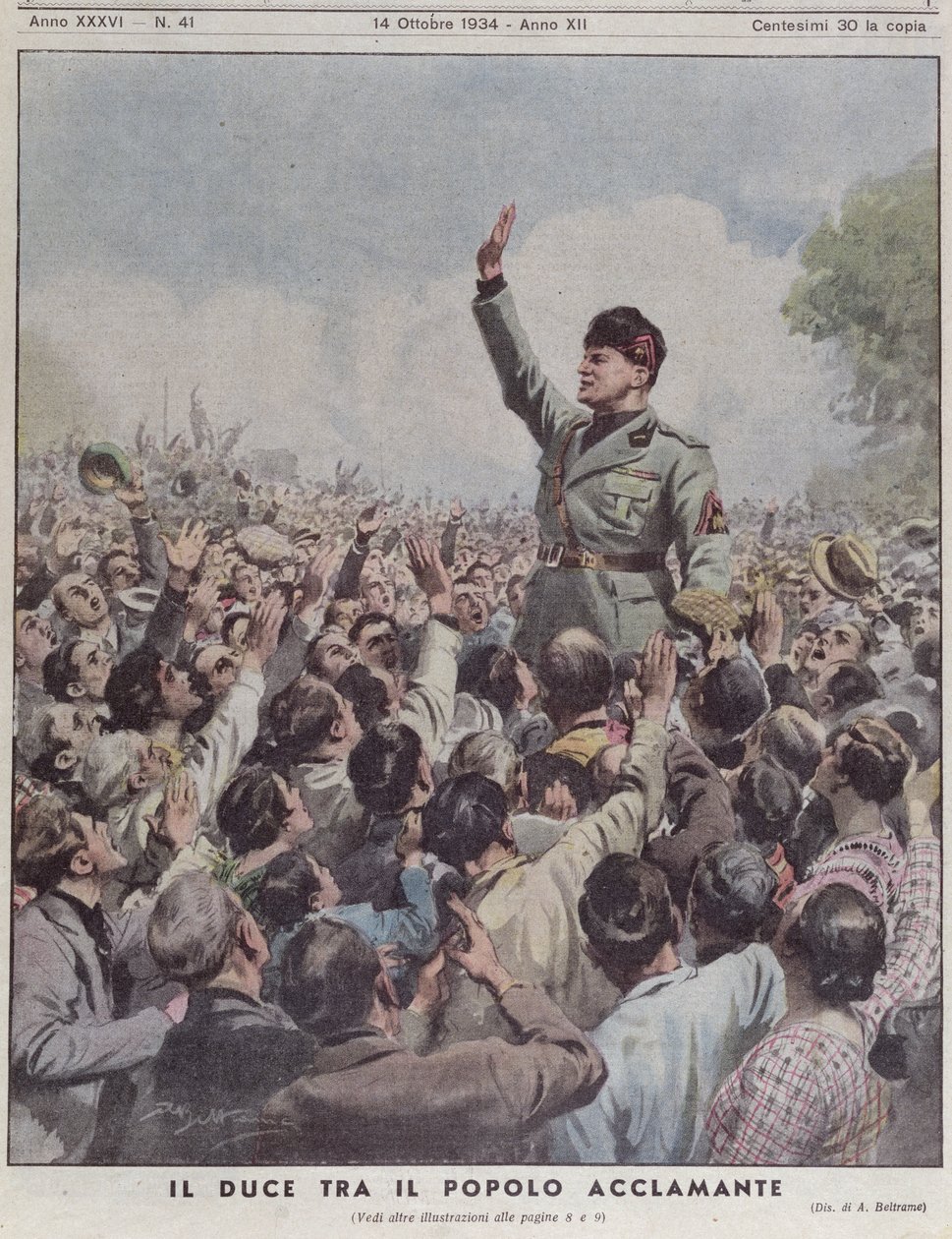 Benito Mussolini (1883-1945) przyjęty przez ludzi, z „La Domenica del Corriere”, 14 października 1934 autorstwa Achille Beltrame