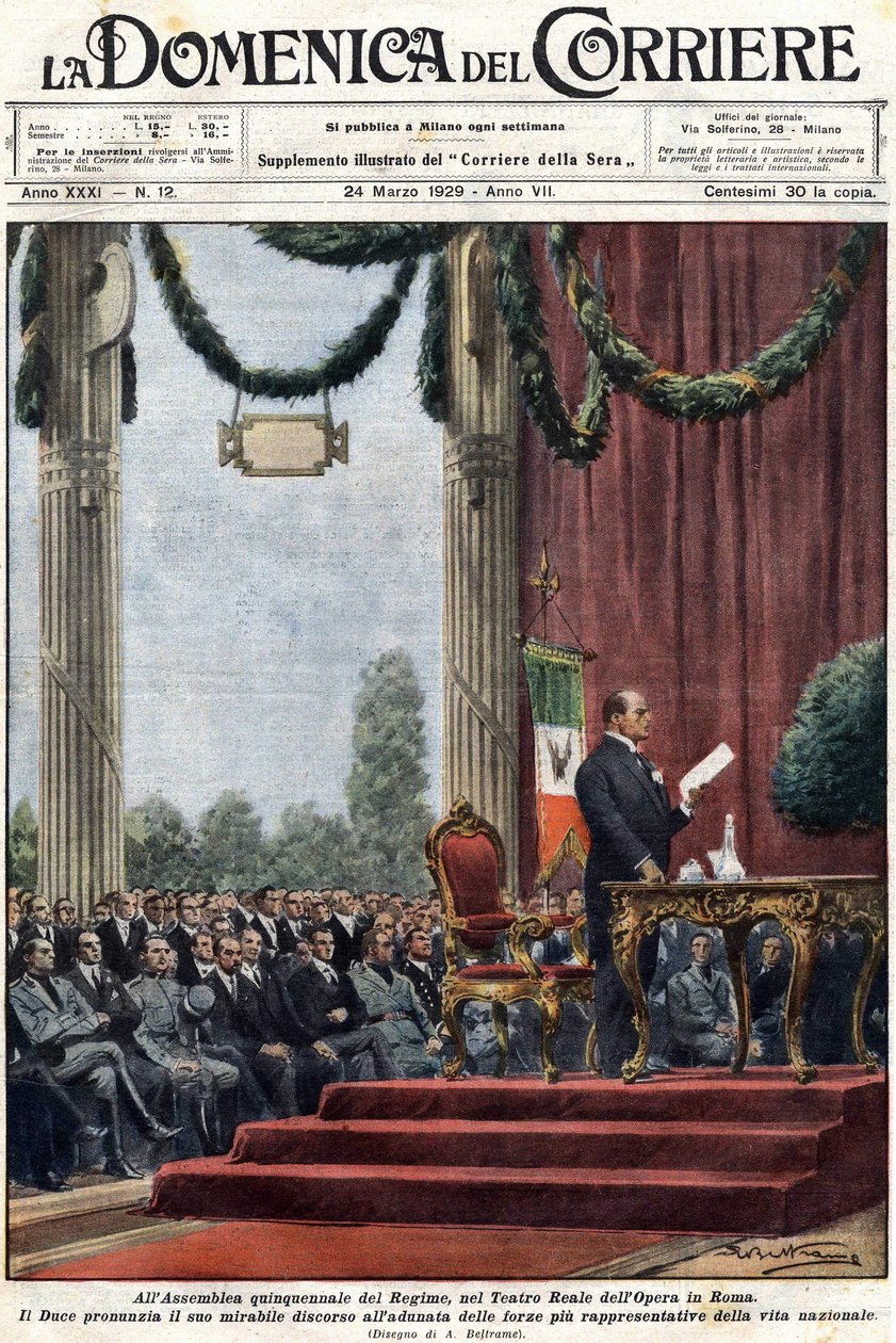 Benito Mussolini wygłasza przemówienie w Teatro Reale opery w Rzymie przed przywódcami reżimu. ilustracja Achillesa Beltrame’a”, „Domenica del corriere”” z 24 marca 1929 r. autorstwa Achille Beltrame