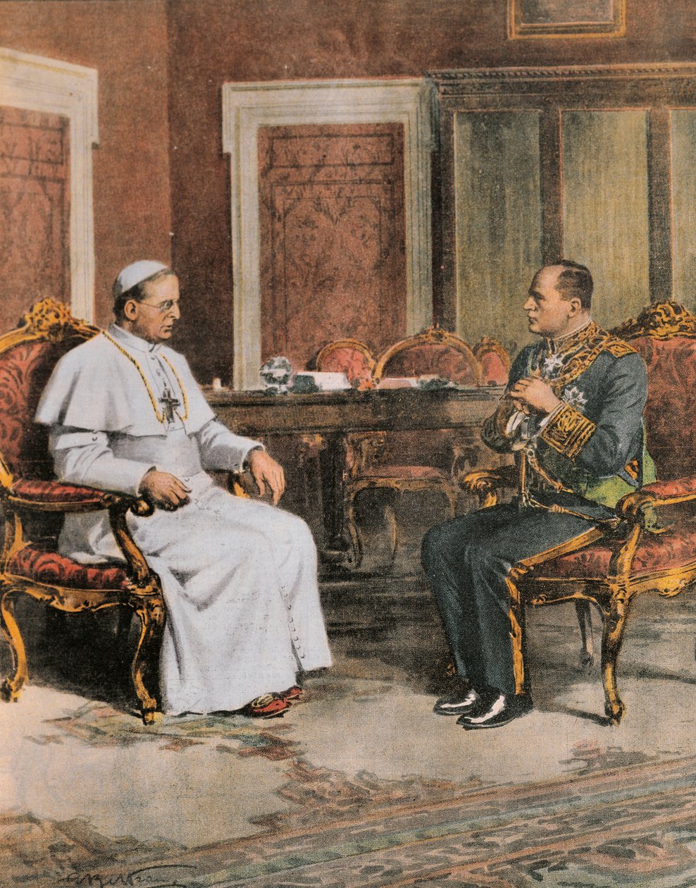 Benito Mussolini na spotkaniu z papieżem Piusem XI 11 lutego autorstwa Achille Beltrame
