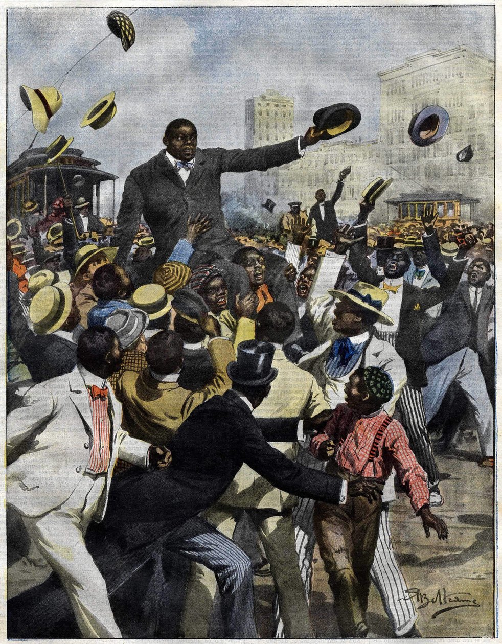 Bokser Jack Johnson przybył do Chicago w 1910 roku. Ilustracja Achille Beltrame dla La Domenica del Corriere””. autorstwa Achille Beltrame