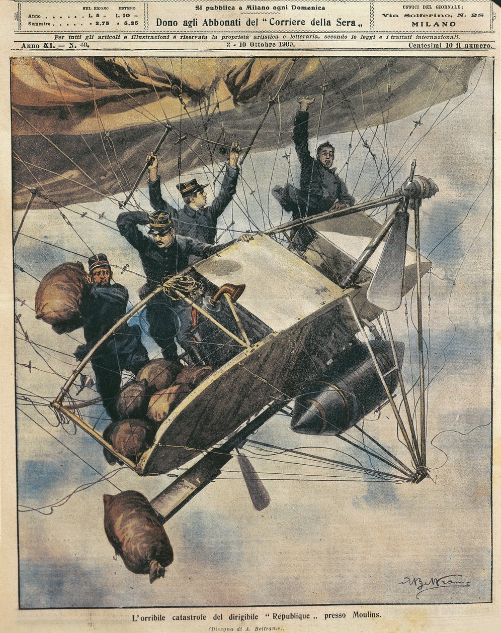 Katastrofa sterowca Republique koło Moulins we Francji, ilustracja Achille Beltrame z La Domenica del Corriere, 3-10 października autorstwa Achille Beltrame
