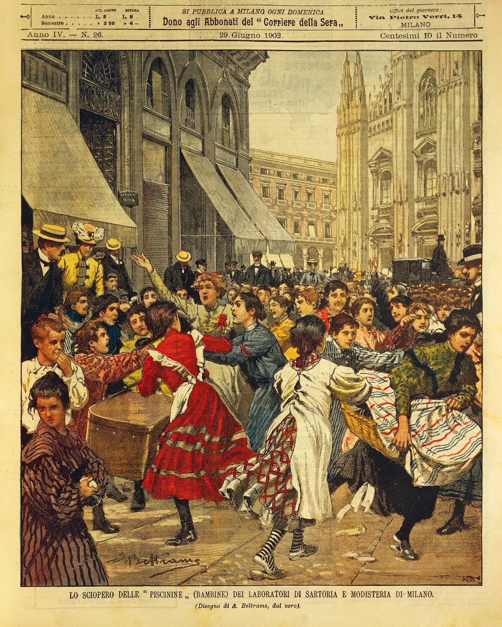 Strajk dziecięcy znany jako Piscinine w warsztatach krawieckich i modniarskich w Mediolanie, Achille Beltrame, ilustracja, Ilustrator Achille Beltrame (1871-1945), z La Domenica del Corriere, 29 czerwca 1902 autorstwa Achille Beltrame