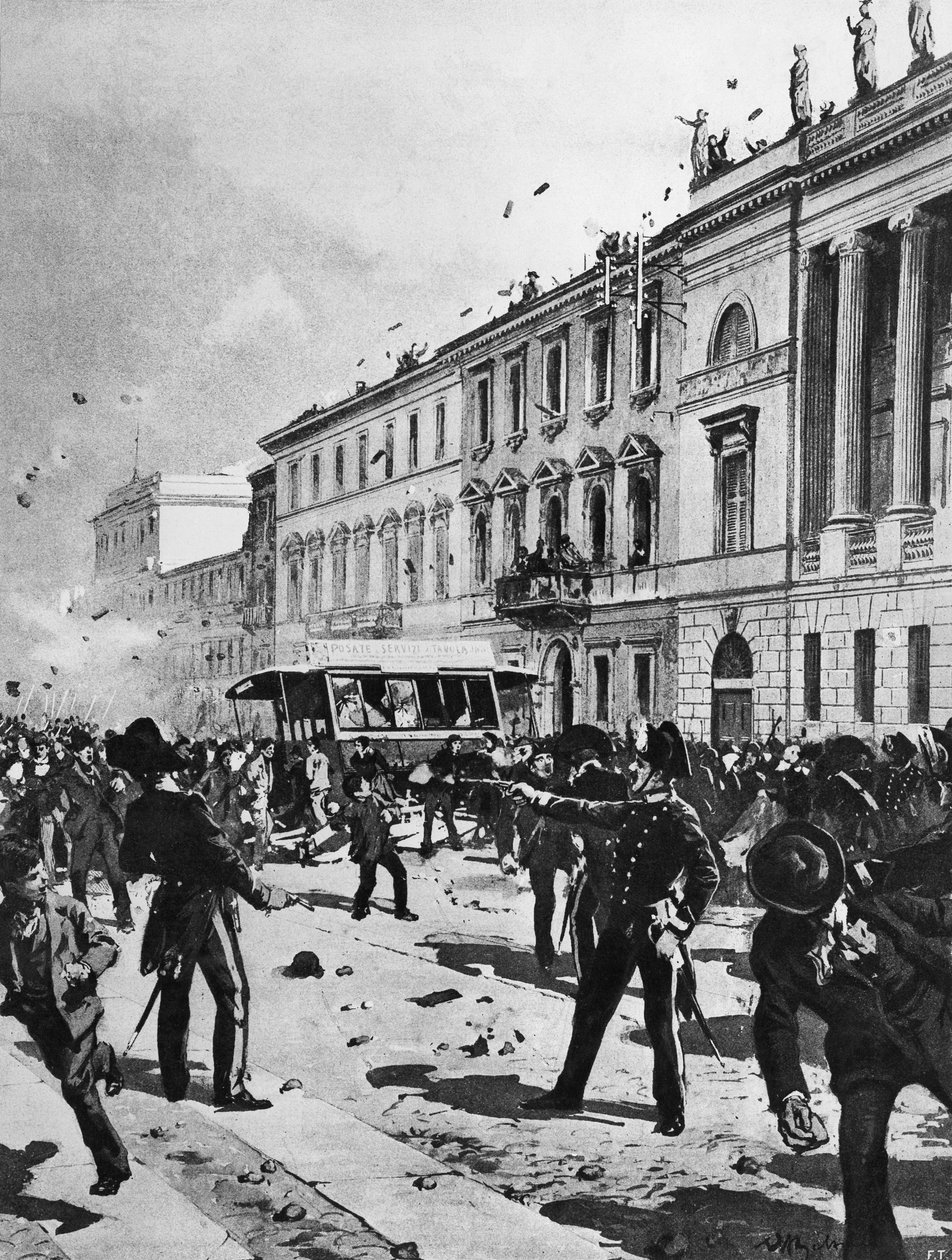 Starcie między demonstrantami a policją w Mediolanie, Corso Venezia, przed Palazzo Saporiti, 7 maja autorstwa Achille Beltrame