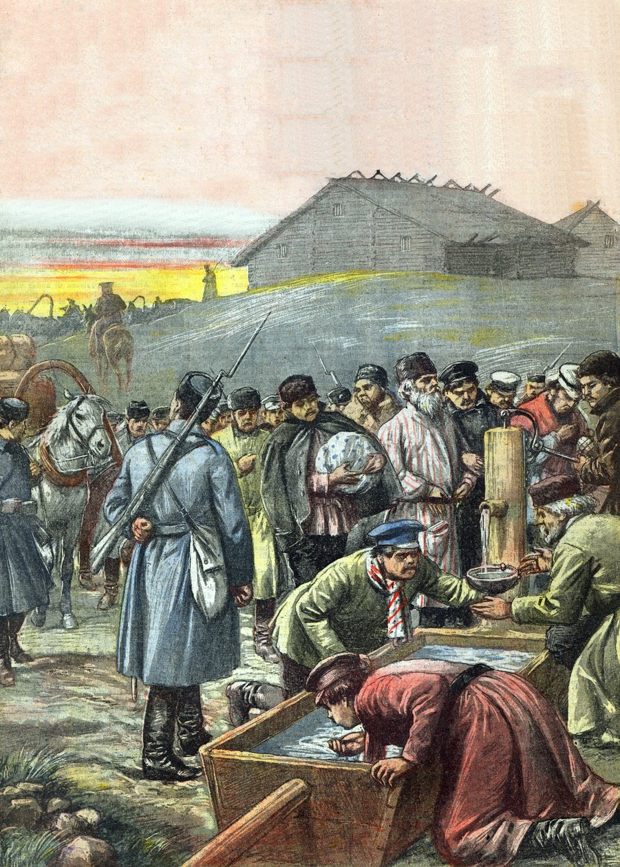 Konwój deportowanych rosyjskich więźniów politycznych w tranzycie na zesłanie na Syberię, ilustracja z magazynu „La Tribuna Illustrata”, 4 sierpnia 1907 autorstwa Achille Beltrame