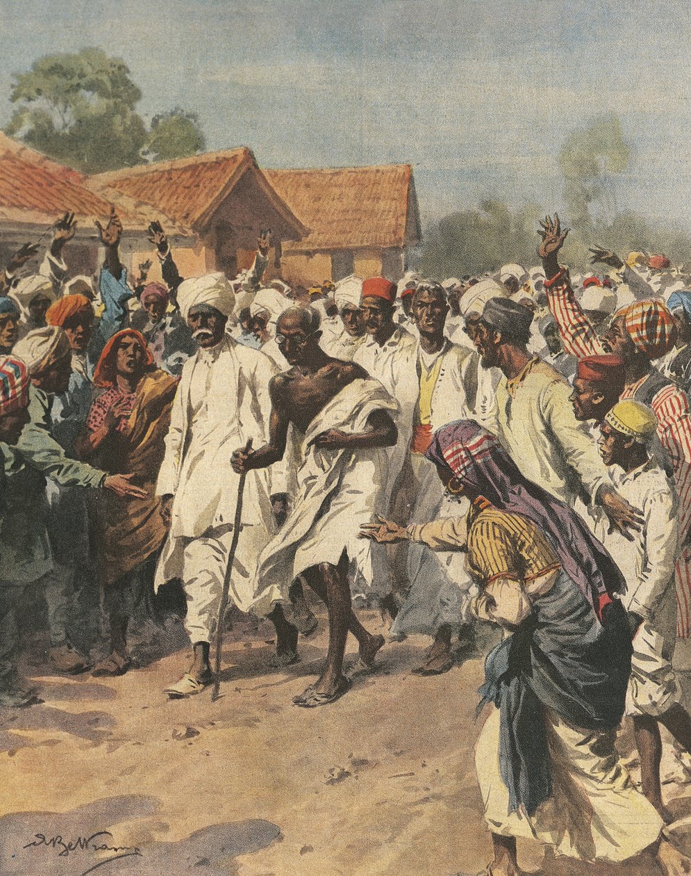 Okładka ilustrująca Gandhiego i osiemdziesięciu męczenników zmierzających do solniska Jalalpur, ilustracja autorstwa Achille Beltrame