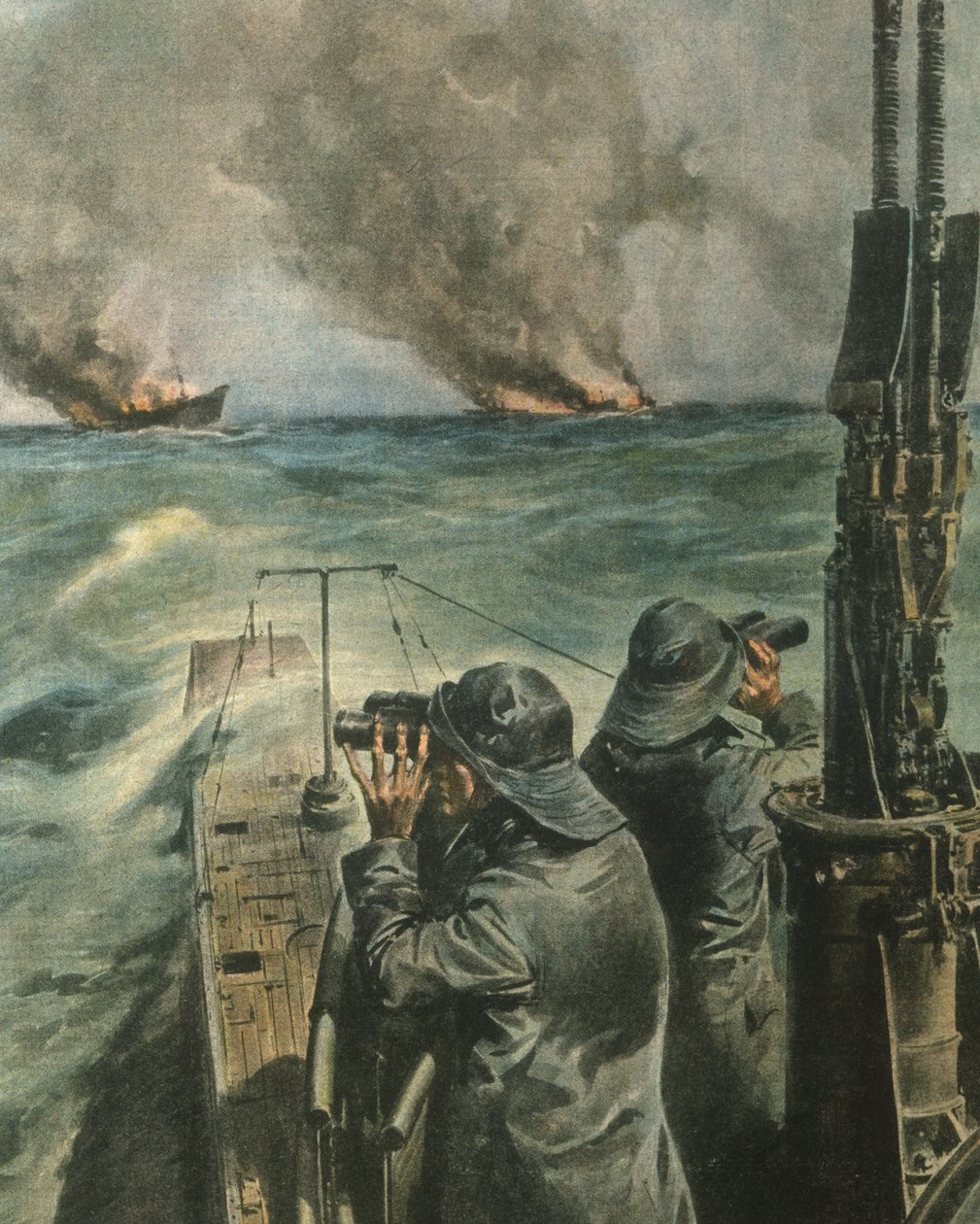 Ilustracja na okładce przedstawiająca anglo-amerykańskie parowce storpedowane u wybrzeży Afryki Zachodniej podczas II wojny światowej autorstwa Achille Beltrame