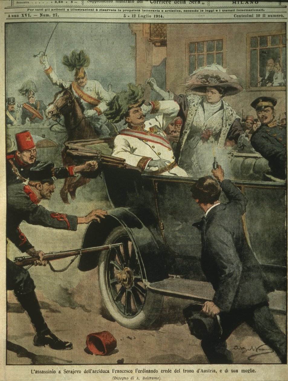 Ilustracja na okładce przedstawiająca zabójstwo arcyksięcia Franciszka Ferdynanda Austrii, następcy tronu austro-węgierskiego, Sarajewo autorstwa Achille Beltrame