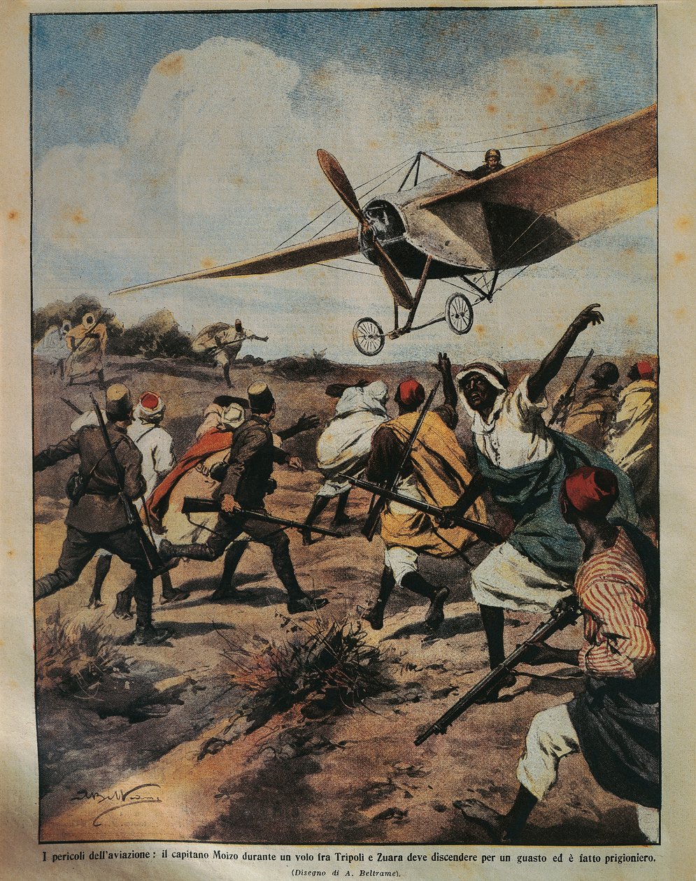 Ilustracja na okładce kapitana Moizo próbującego lądować awaryjnie podczas kampanii afrykańskiej, autorstwa Achille Beltrame (1871-1945), z La Domenica del Corriere, 22 września 1912 autorstwa Achille Beltrame
