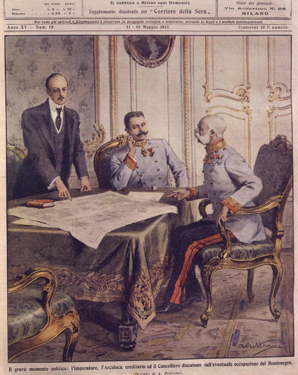 Ilustracja na okładce przedstawiająca cesarza Austrii omawiającego możliwą okupację Czarnogóry autorstwa Achille Beltrame