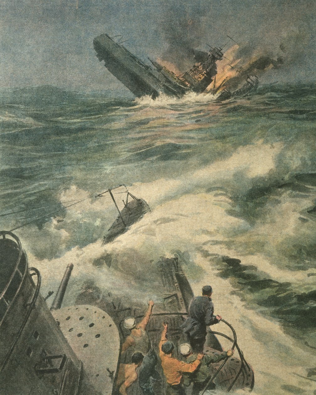Ilustracja na okładce amerykańskiego pancernika klasy Maryland zatopionego przez włoski okręt podwodny Barbarigo na Oceanie Atlantyckim podczas II wojny światowej autorstwa Achille Beltrame