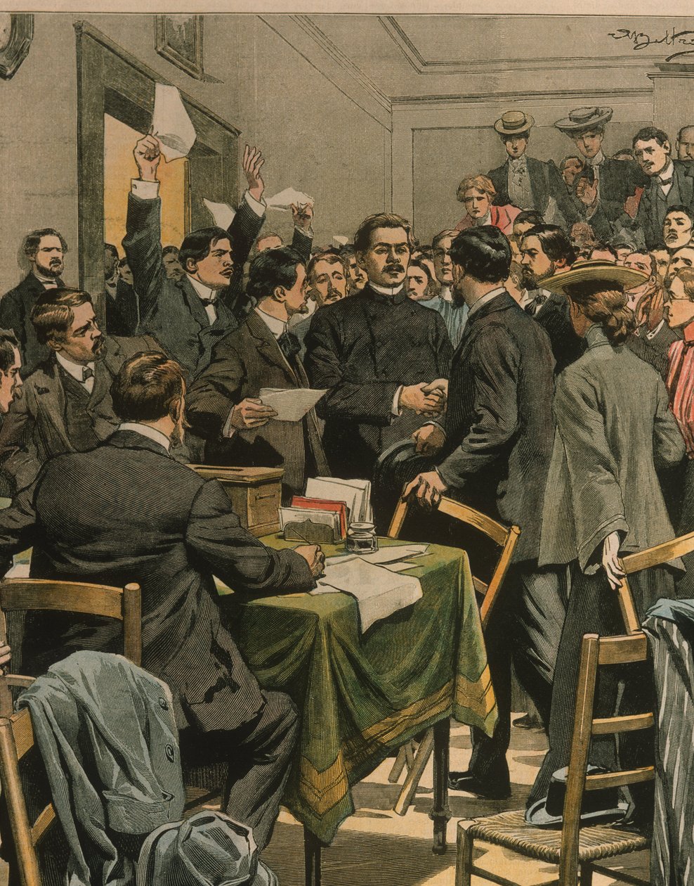Ilustracja na okładce przedstawiająca przybycie Maksyma Gorkisa na spotkanie rosyjskich rewolucjonistów; Londyn, Anglia autorstwa Achille Beltrame