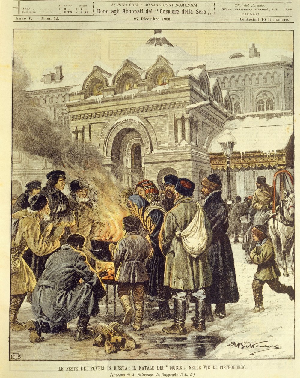 Ilustracja na okładce przedstawiająca Mujików świętujących Boże Narodzenie na ulicach Sankt Petersburga w Rosji autorstwa Achille Beltrame