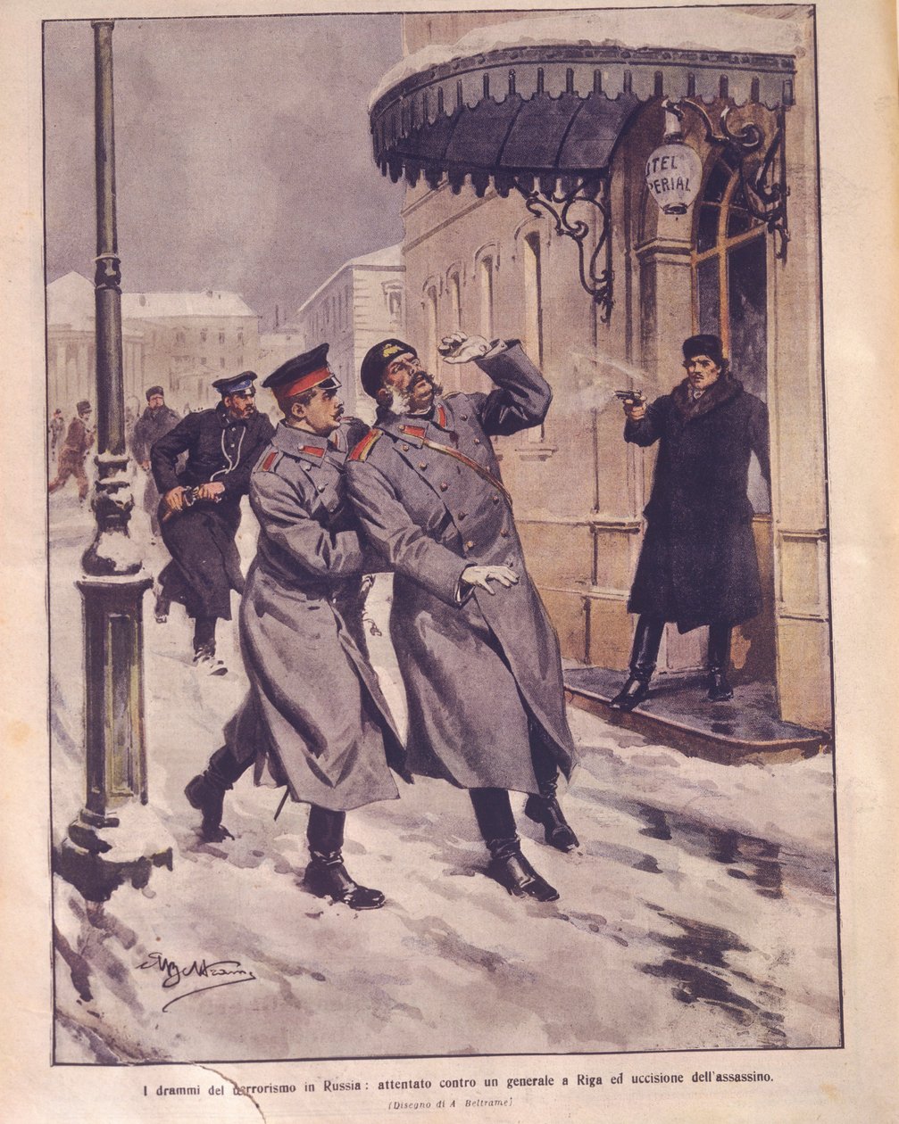 Ilustracja na okładce przedstawiająca terroryzm w Imperium Rosyjskim; zamach na życie generała i śmierć napastnika w Rydze autorstwa Achille Beltrame