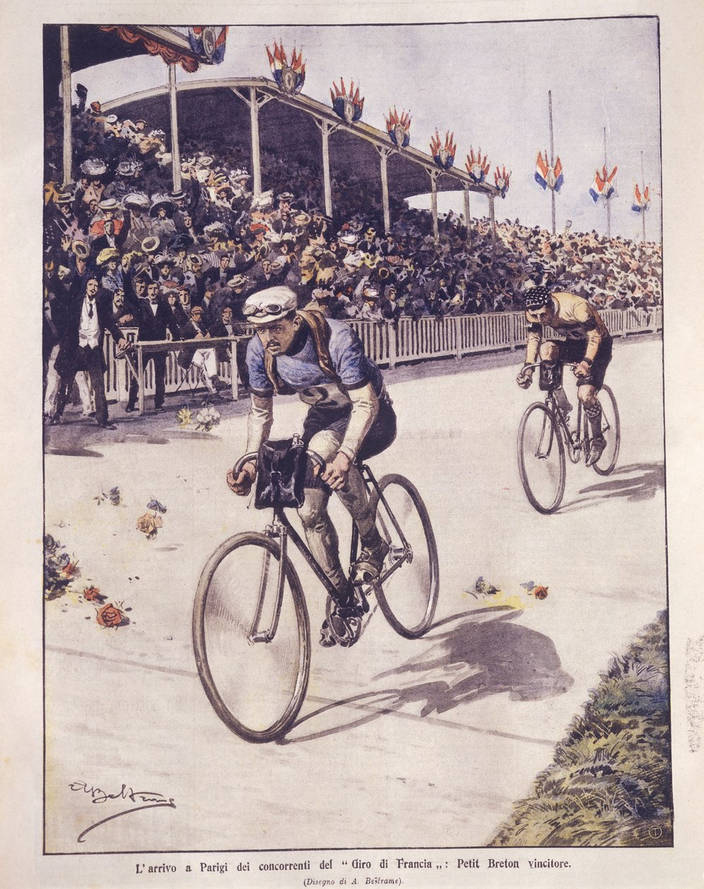 Ilustracja na okładce przybycia zawodników Tour de France, ze zwycięzcą Petit-Breton; Paryż, Francja autorstwa Achille Beltrame