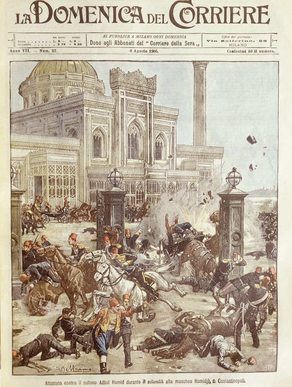 Ilustracja na okładce zamachu na sułtana Abdula Hamida w Konstantynopolu autorstwa Achille Beltrame
