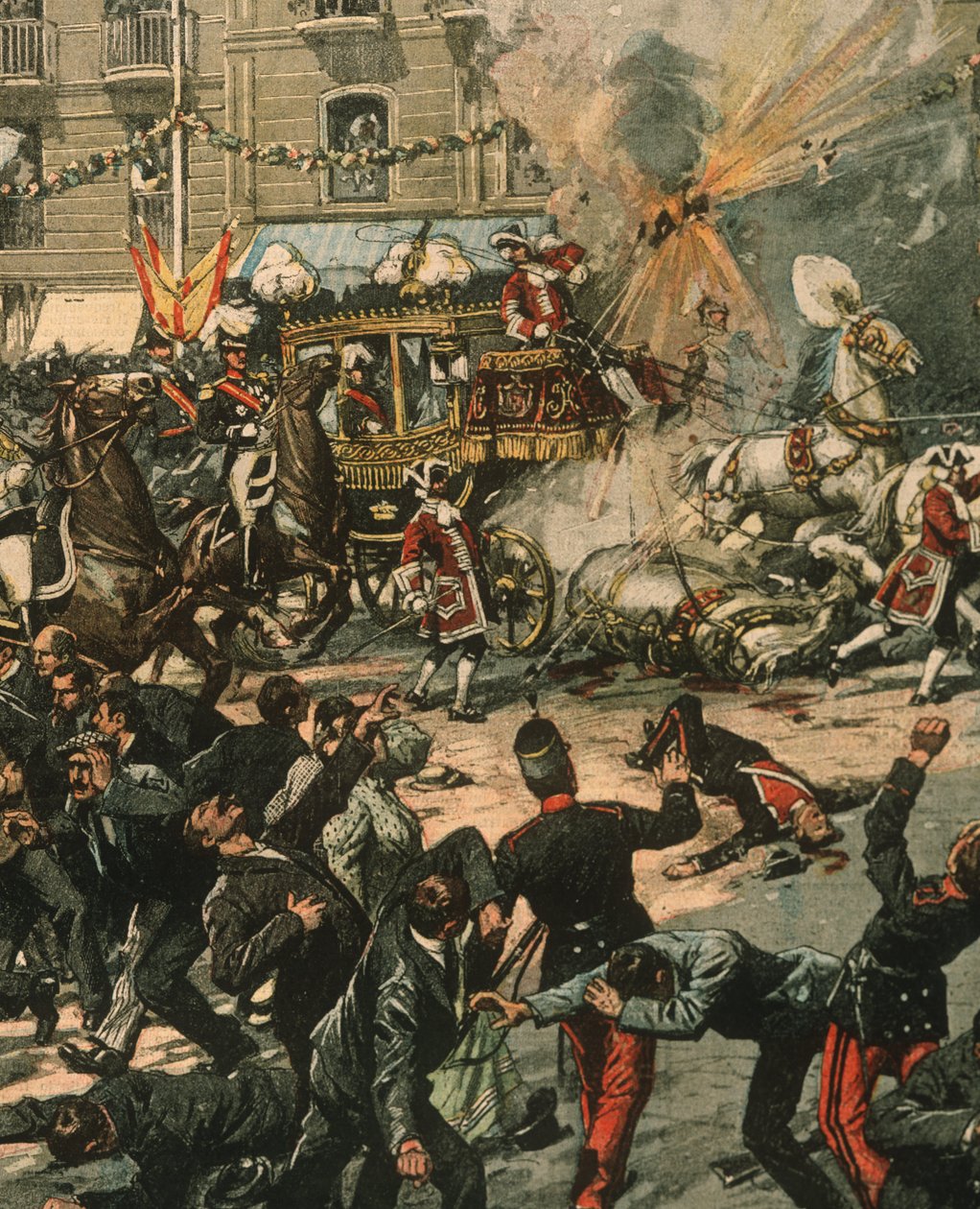 Ilustracja na okładce przedstawiająca zamach na króla Alfonsa XIII w dniu jego ślubu, 31 maja 1906, Madryt, Hiszpania autorstwa Achille Beltrame