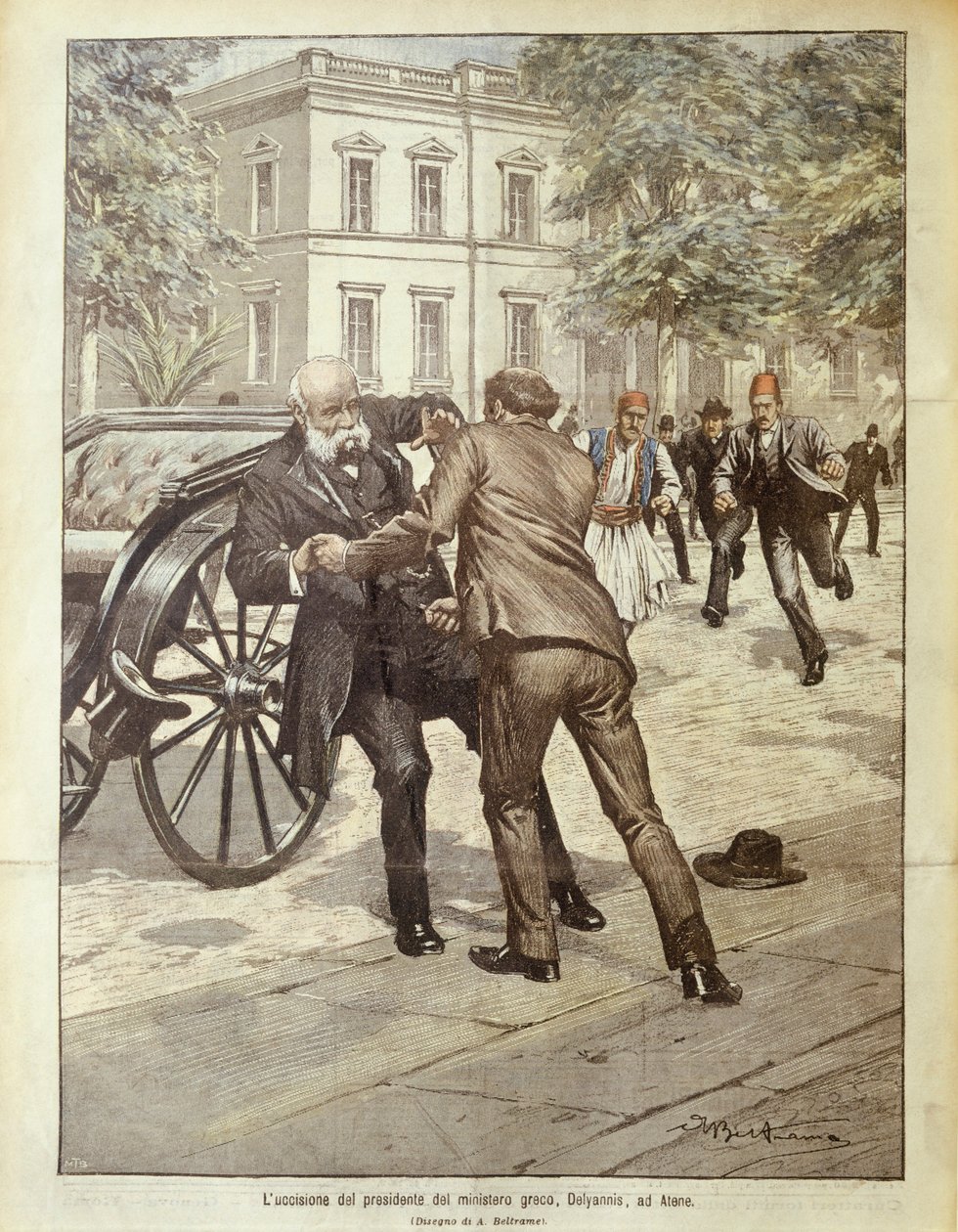 Ilustracja na okładce przedstawiająca zabójstwo greckiego premiera Delyannisa; Ateny, Grecja autorstwa Achille Beltrame