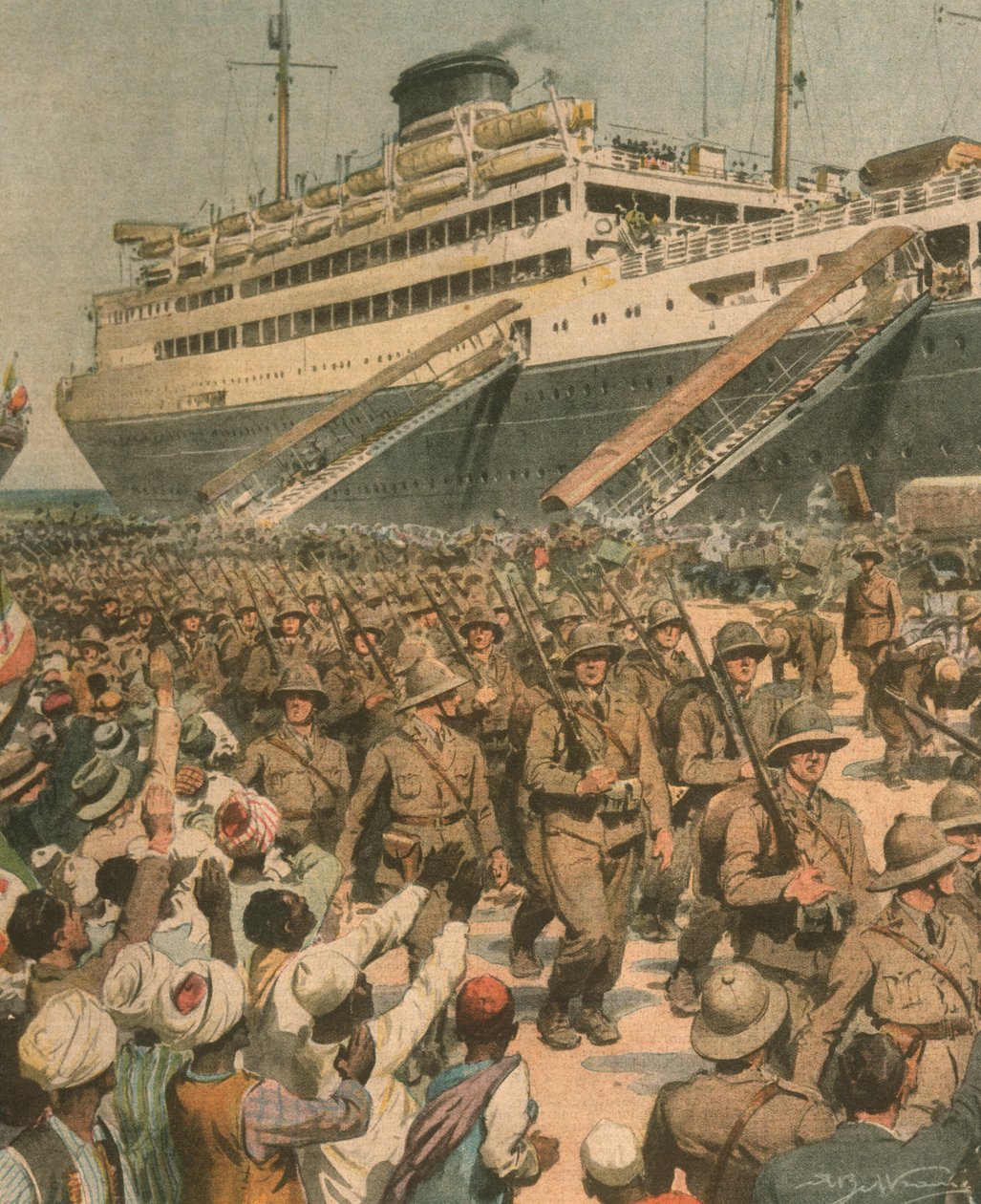 Ilustracja na okładce lądowania wojsk włoskich w Afryce Wschodniej autorstwa Achille Beltrame