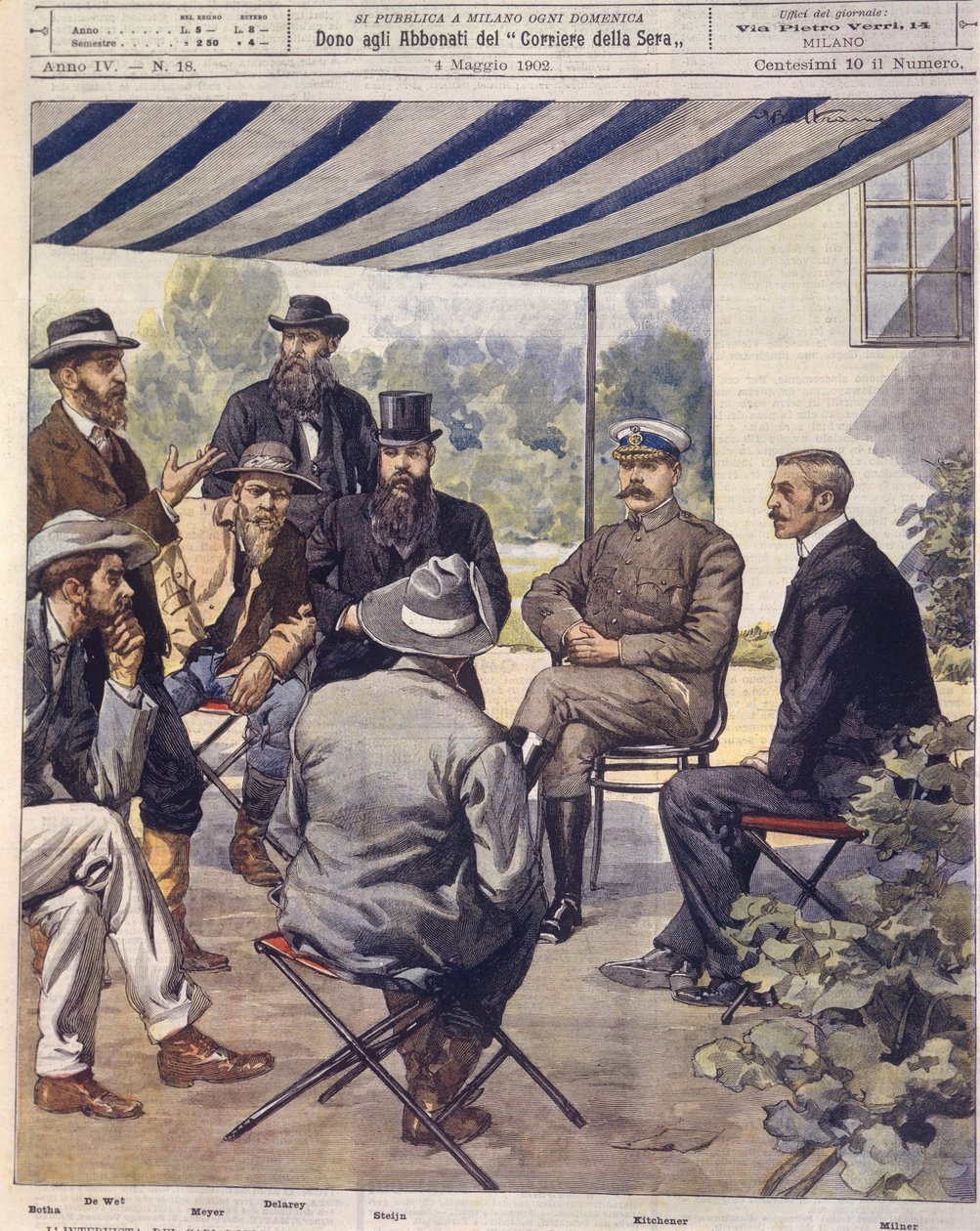 Okładka ilustracja negocjacji traktatu pokojowego podczas wojen anglo-zuluskich i anglo-burskich w latach 1850-1902 autorstwa Achille Beltrame