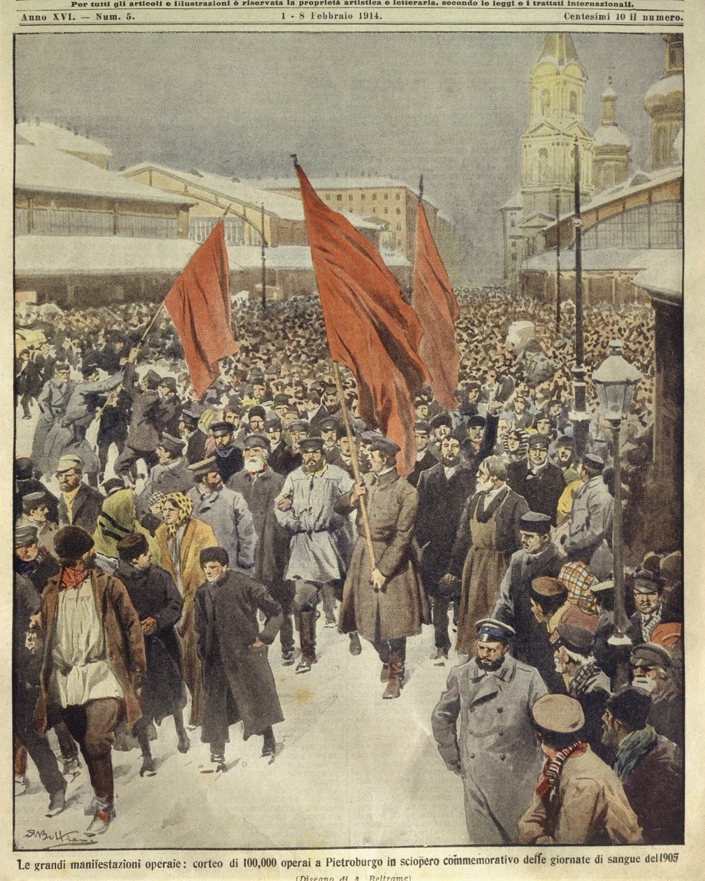 Ilustracja na okładce przedstawiająca sto tysięcy robotników maszerujących z okazji Krwawej Niedzieli 1905 r.; Sankt Petersburg, Rosja autorstwa Achille Beltrame