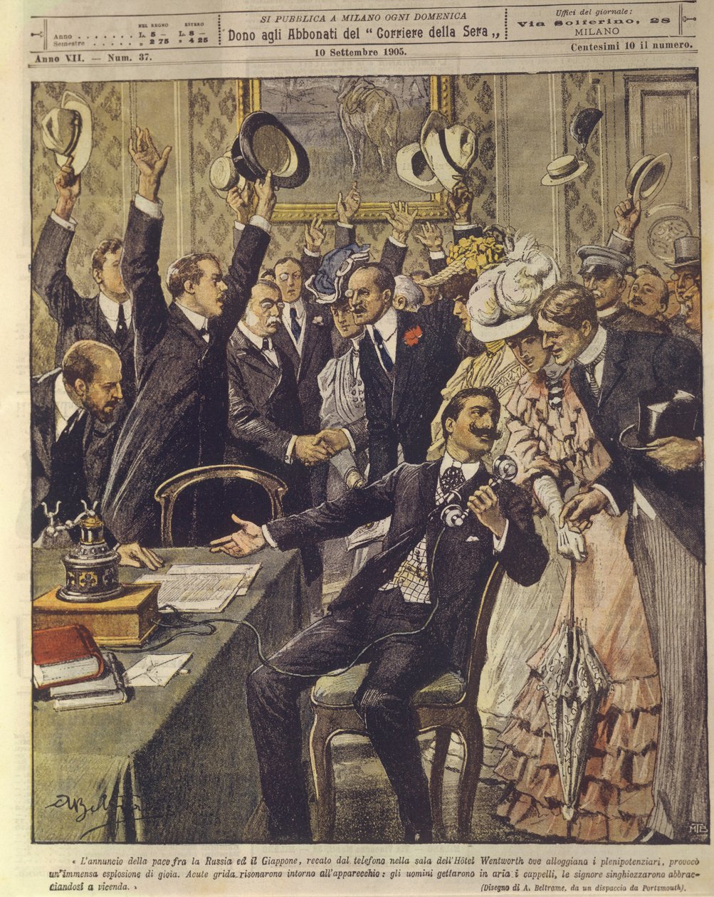 Ilustracja na okładce przedstawiająca ludzi świętujących ogłoszenie traktatu pokojowego między Rosją a Japonią podczas wojny rosyjsko-japońskiej w latach 1904-1905 autorstwa Achille Beltrame