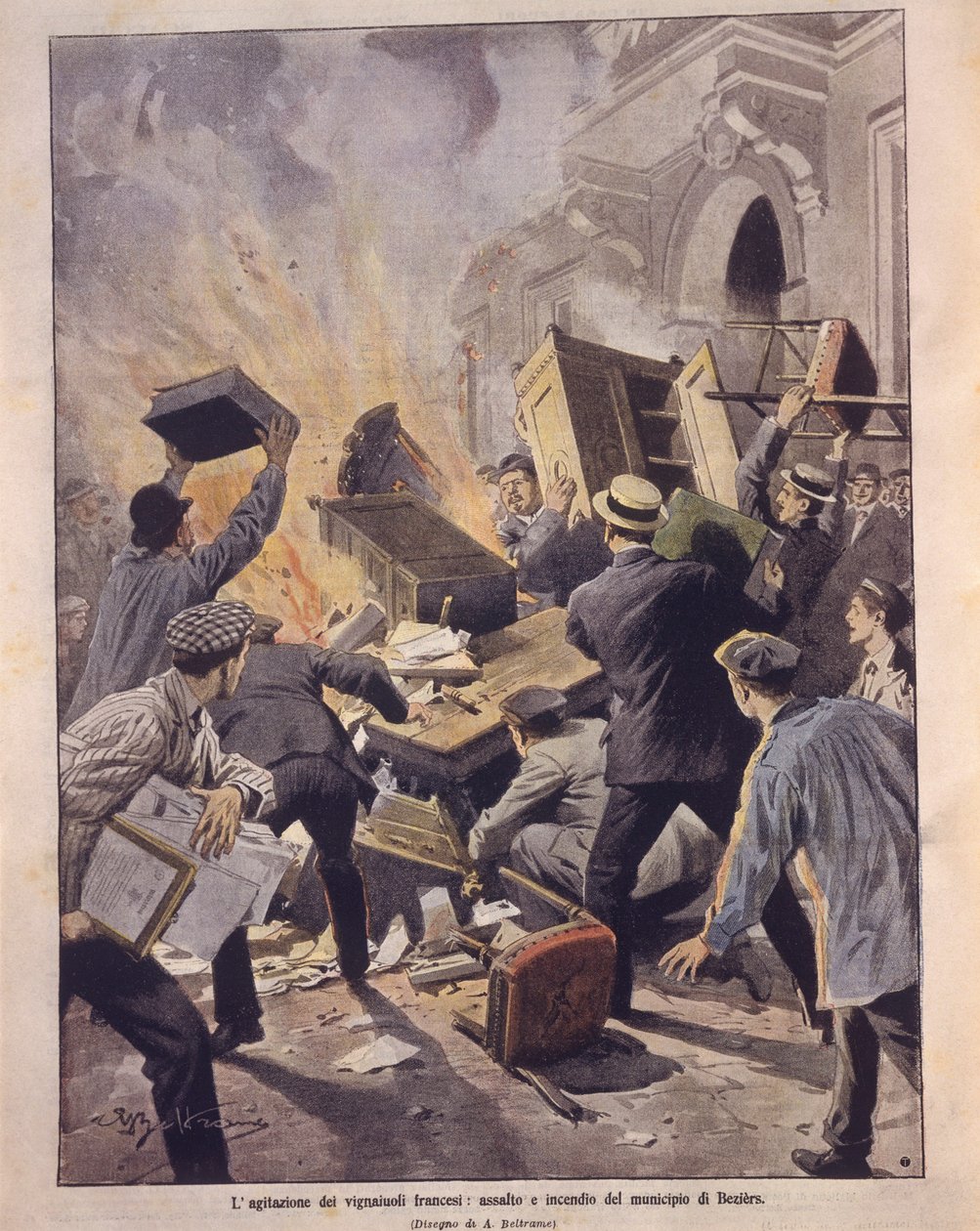 Ilustracja na okładce przedstawiająca winiarzy podpalających ratusz w Beziers podczas powstań we Francji autorstwa Achille Beltrame