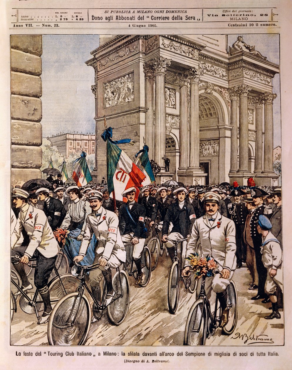 Rowerzyści paradujący przed Łukiem Pokoju, obchody Italian Touring Club w Mediolanie, Włochy, ilustracja Achille Beltrame z La Domenica del Corriere, 4 czerwca autorstwa Achille Beltrame