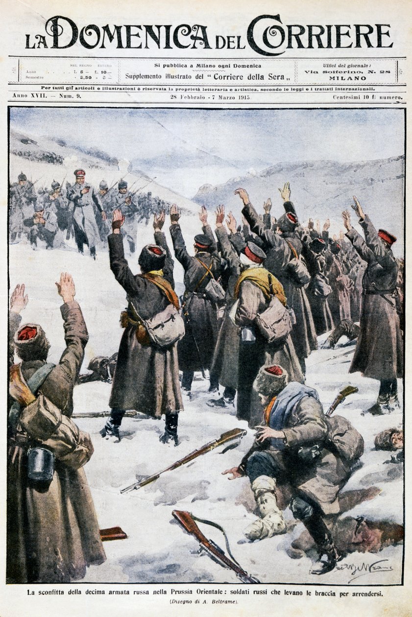 Klęska dziesiątej armii rosyjskiej w Prusach Wschodnich: żołnierze rosyjscy podnoszący broń w kapitulacji, płyta Achille Beltrame (1871-1945) z La Domenica del Corriere, 28 lutego-7 marca 1915 autorstwa Achille Beltrame