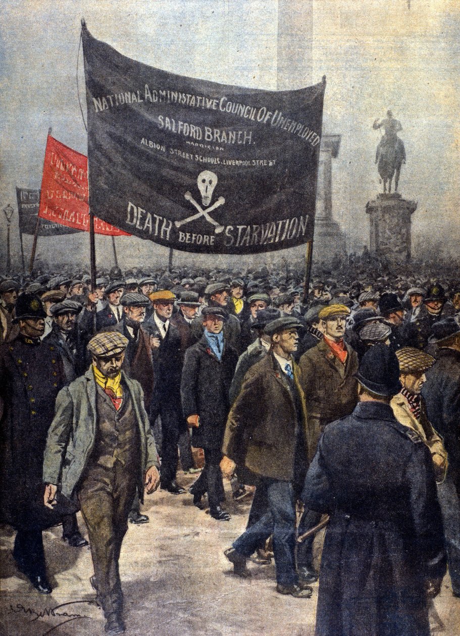 Demonstracja strajkujących nieletnich. Londyn 1922. Ilustracja Achille Beltrame. „Niedziela Kuriera”. autorstwa Achille Beltrame