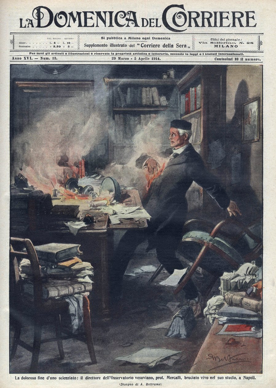 Zmarł w swoim laboratorium w Neapolu przez Giuseppe Mercalli (1850-1914), włoskiego sejsmologa i wulkanologa. Ilustracja Achille Beltrame dla „”La domenica del corriere”””. 1914. autorstwa Achille Beltrame