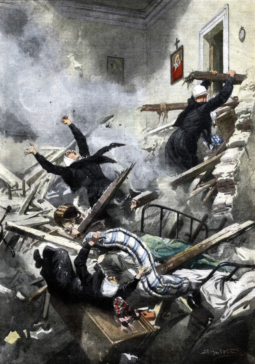 Katastrofa w budynku w Genui: dobre siostry zniknęły w wyniku zawalenia się dwóch mieszkań. Ill. de Beltrame. „La Domenica del Corriere”. 04/1914. autorstwa Achille Beltrame