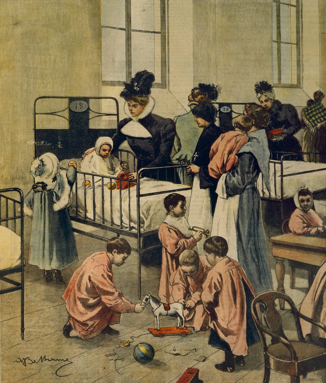 Rozdawanie prezentów bożonarodzeniowych biednym dzieciom w szpitalu, Achille Beltrame, ilustracja, Ilustrator Achille Beltrame (1871-1945), z La Domenica del Corriere, 23 listopada 1900 autorstwa Achille Beltrame