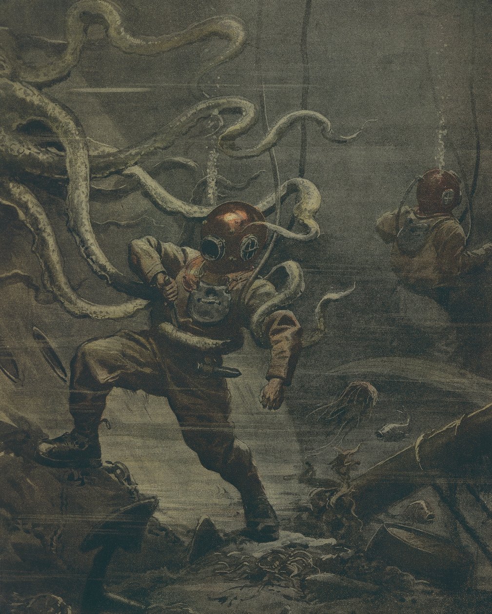 Nurek zaatakowany przez ośmiornicę olbrzymią podczas nurkowania, Achille Beltrame, ilustracja, Illustrator Achille Beltrame (1871-1945), z La Domenica del Corriere, 25 października 1908 autorstwa Achille Beltrame