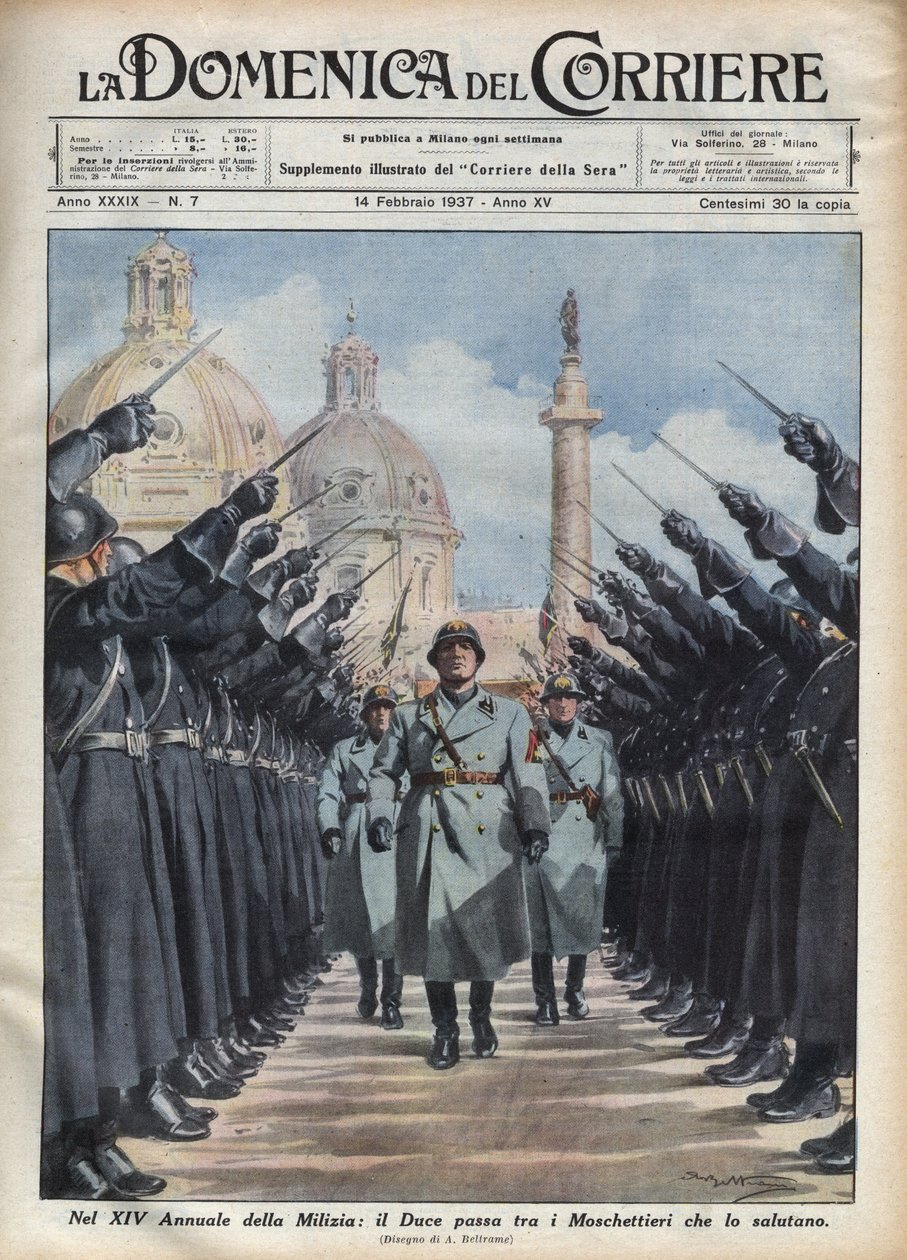 Książę Benito Mussolini recenzuje „muszkieterów” Ochotniczej Milicji Bezpieczeństwa Narodowego w Rzymie. Ilustracja Achille Beltrame w „Niedziela kuriera”” 14.02.1937. autorstwa Achille Beltrame