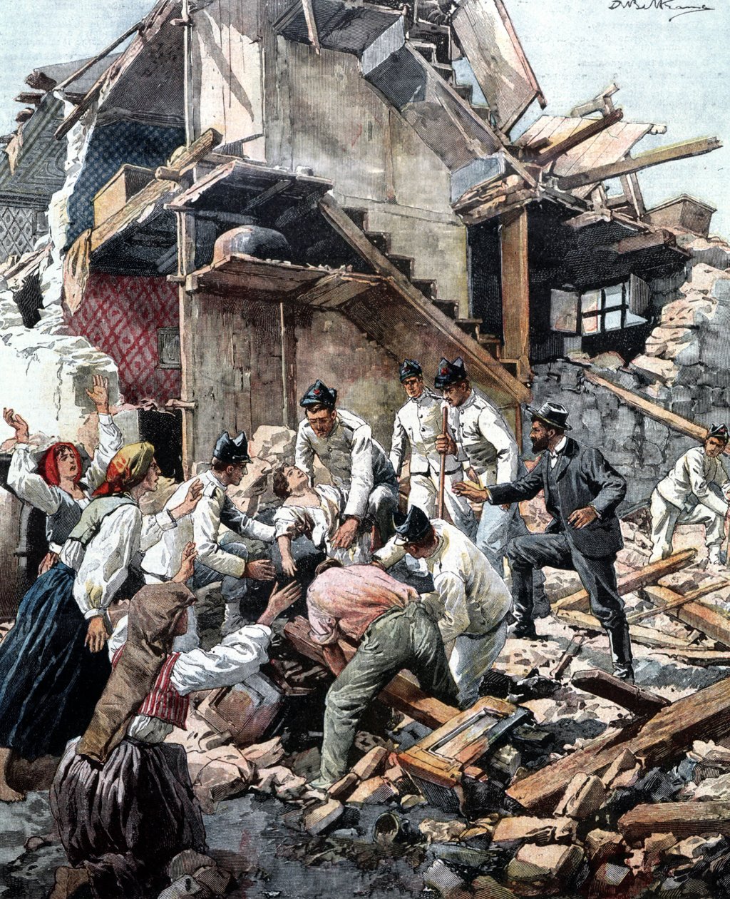 Trzęsienie ziemi w Reggio (Kalabria) w dniu 28.12.1908. Żołnierze szukają w gruzach ofiar trzęsienia ziemi. Ilustracja autorstwa Beltrame. autorstwa Achille Beltrame