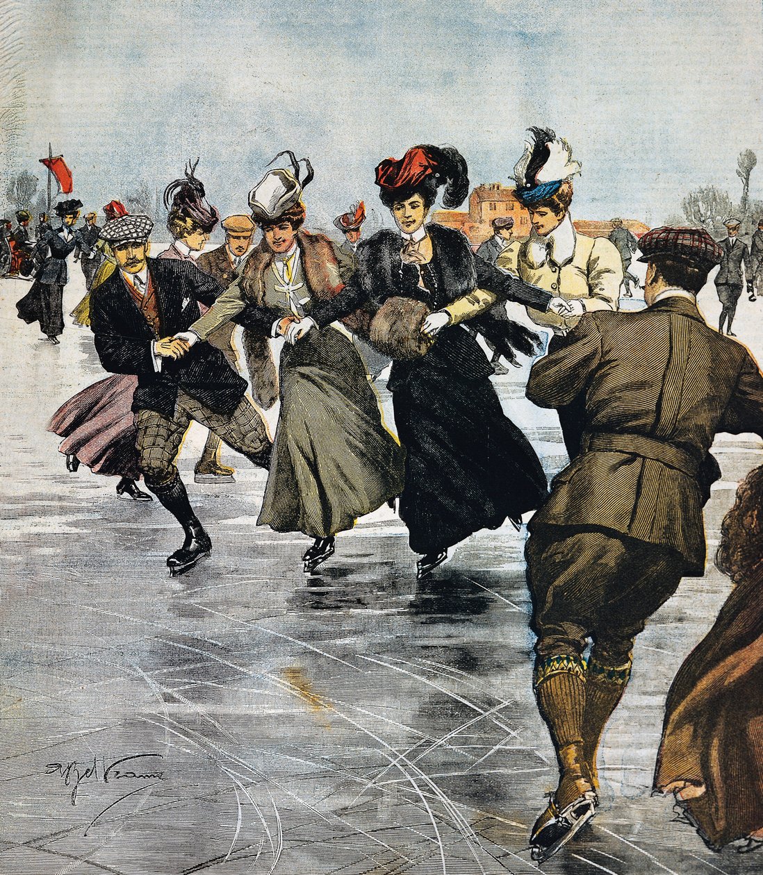 Modne rozrywki, jazda na łyżwach, ilustracja Achille Beltrame (1871-1945), z La Domenica del Corriere, 27 stycznia autorstwa Achille Beltrame