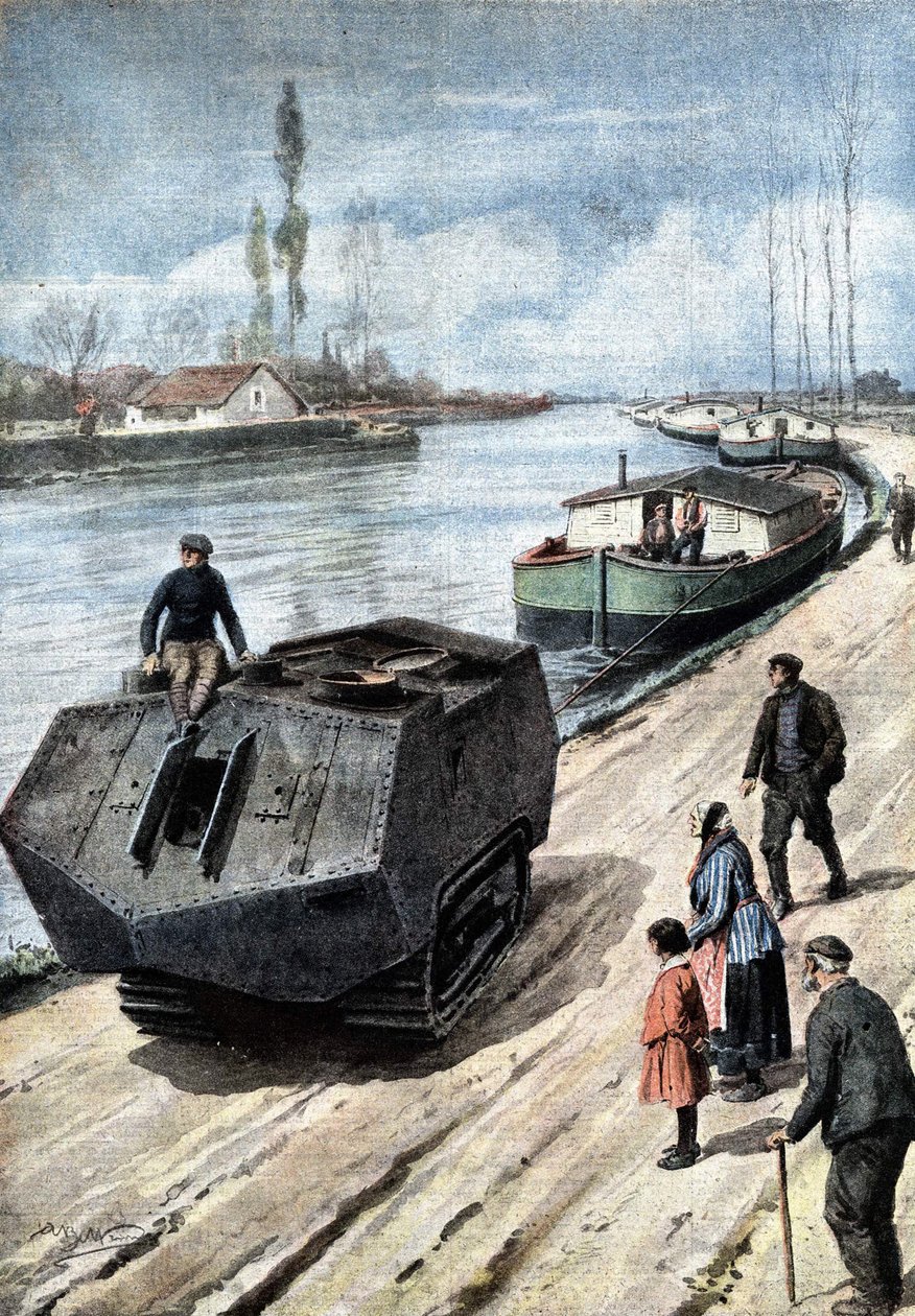 Koniec I wojny światowej: pokojowy koniec potężnej machiny wojennej. Czołgi holują teraz barki na Kanale Francuskim. Ill. de Beltrame. Domenica del Corriere. 03/1919. autorstwa Achille Beltrame