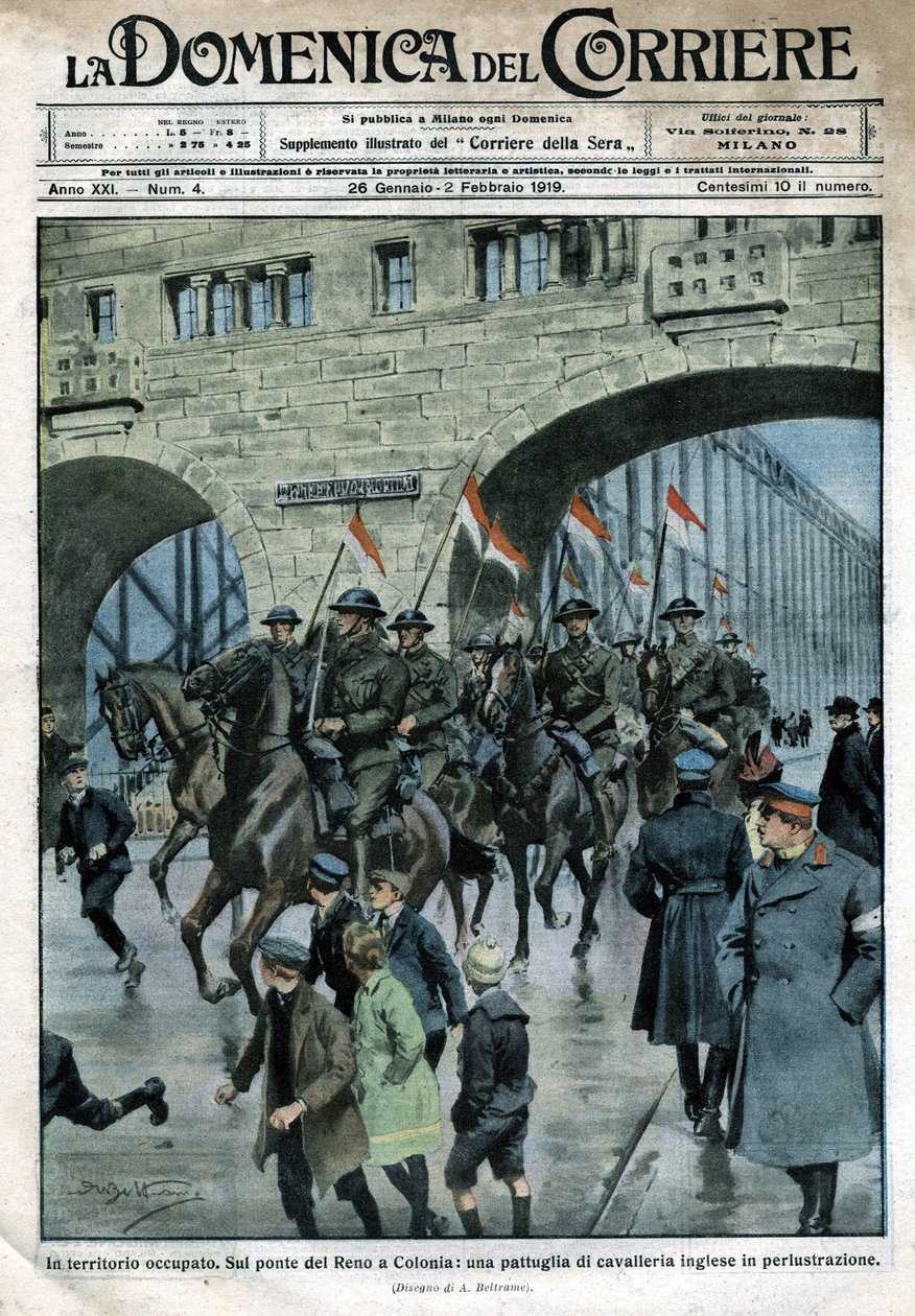 Obecność angielska w Niemczech: wojska na moście na Renie w Kolonii. Ilustracja Beltrame. Domenica del Corriere. 01/1919. autorstwa Achille Beltrame