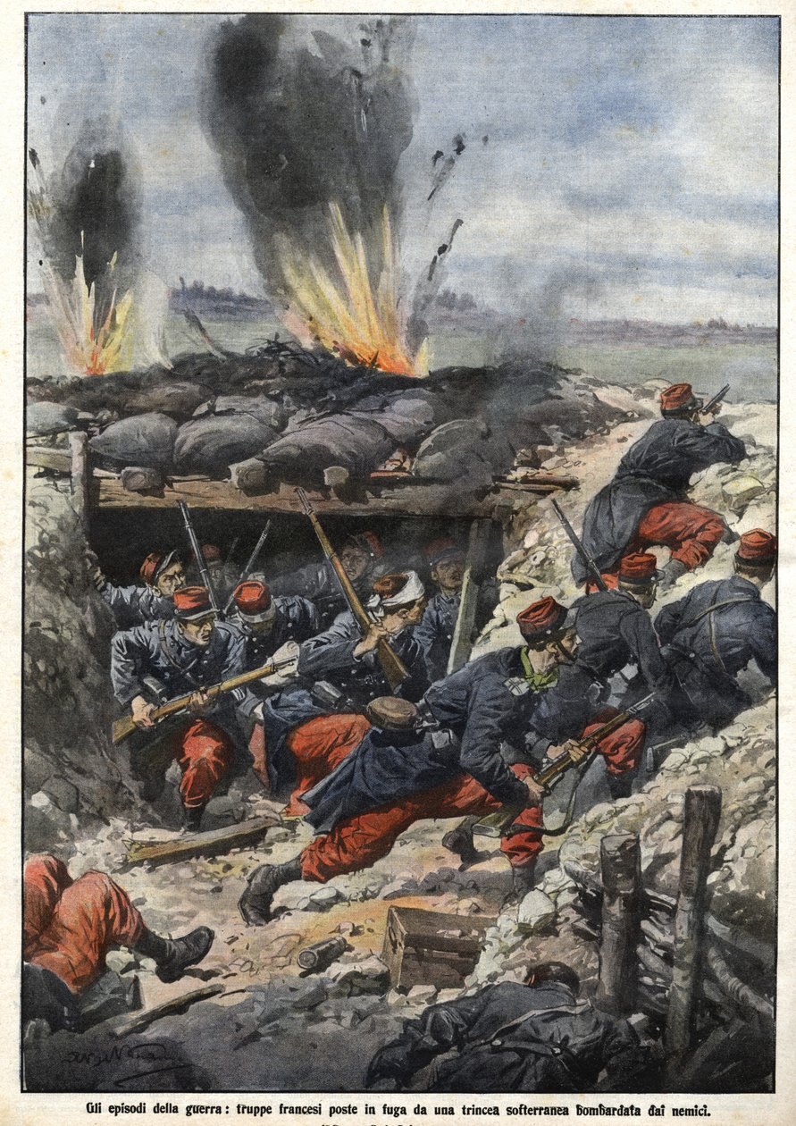 Epizod wojny 1914: Francuzi w okopach są bombardowani przez wrogów. “La Domenica del Corriere” autorstwa Achille Beltrame