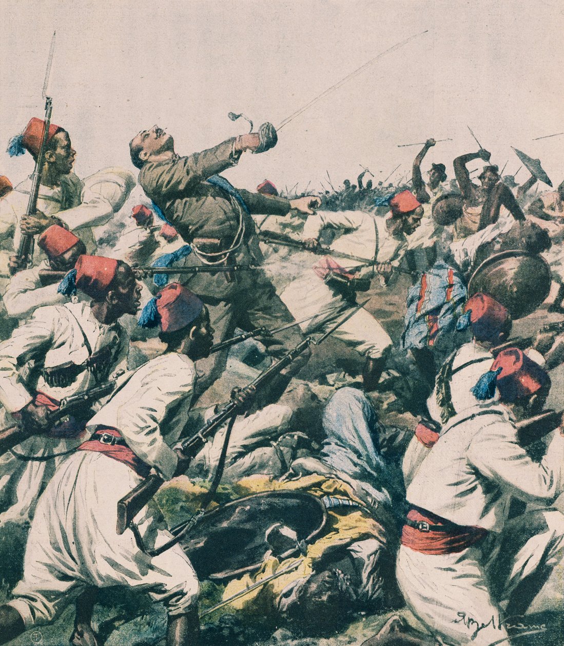 Atak etiopski na garnizon Lugh i zabicie kapitana Bongiovanniego, autorstwa Achille Beltrame, ilustracja, Achille Beltrame (1871-1945), z La Domenica del Corriere autorstwa Achille Beltrame